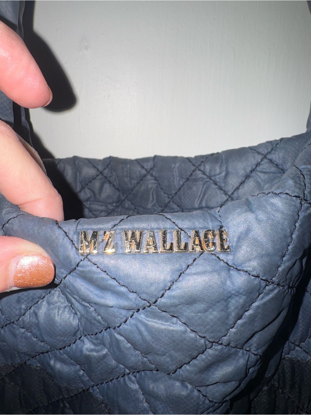 MZ Wallace Quilted Navy Tote with Saddle Leather Accent